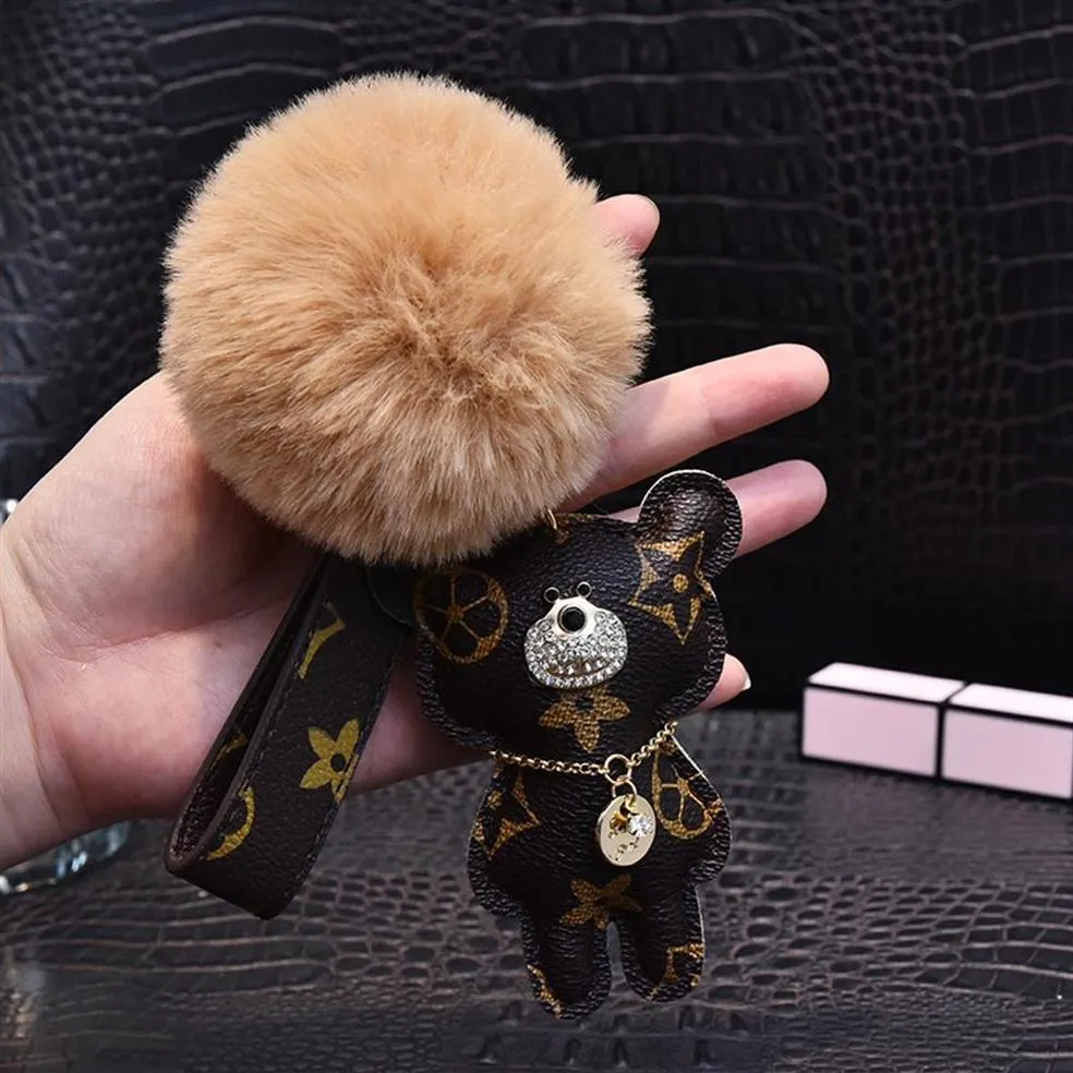Rhinestone Cat Bear Pompom Keychain PU Leather Teddy Car Buckle