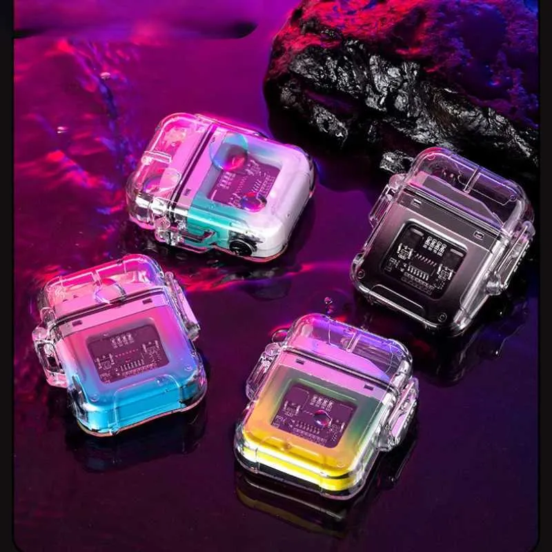 Waterproof electronic pulse lighter transparent case windproof power display outdoor lighting double arc new