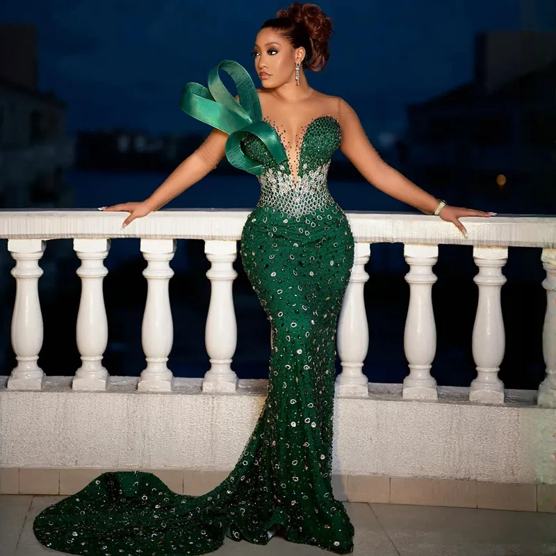 Aso Ebi Mermaid Dress: Luxurious Emerald Green, Long Sleeves ...