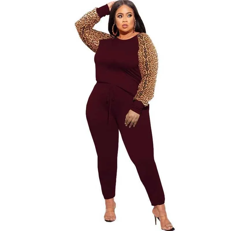 Two Piece Dress WSFEC XL 5XL Wholesale Fall Plus Size Sets Women Clothing 2  Two Piece Outfits Ladies Leopard Long Sleeve Top Pants Suits FemaleL23116  From 21,17 €