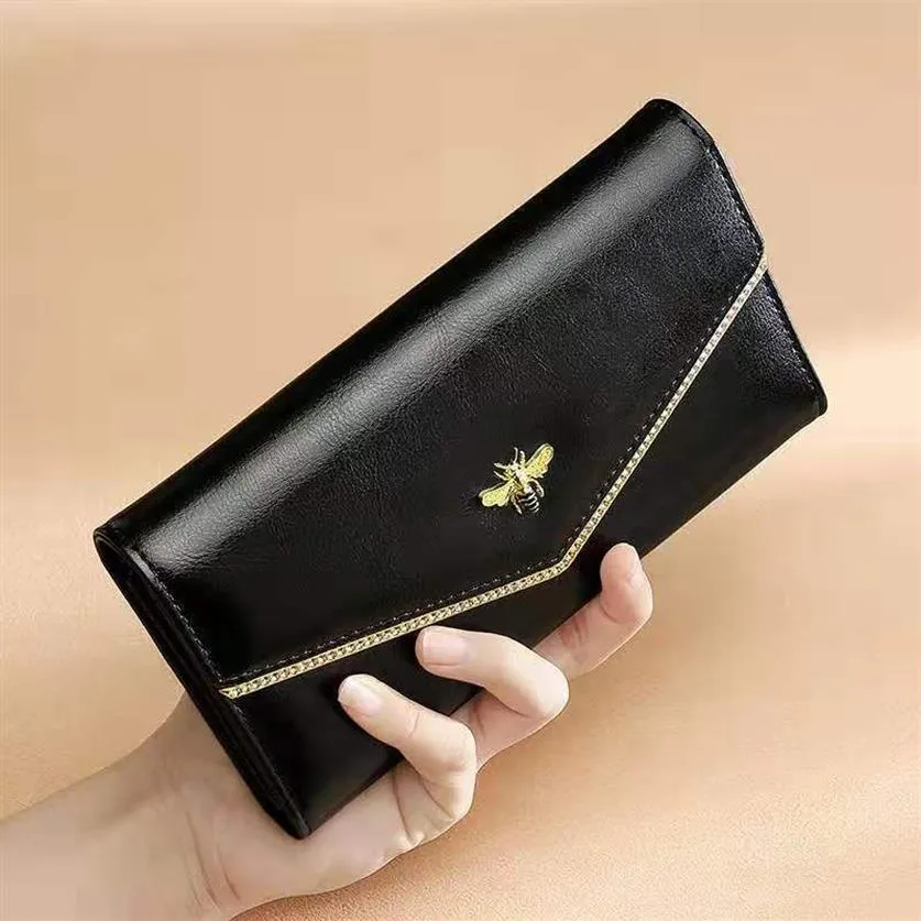Women s Genuine Cow Leather Bee Pattern Long Wallet Casual Phone Clutch Zero Card Purse N233F