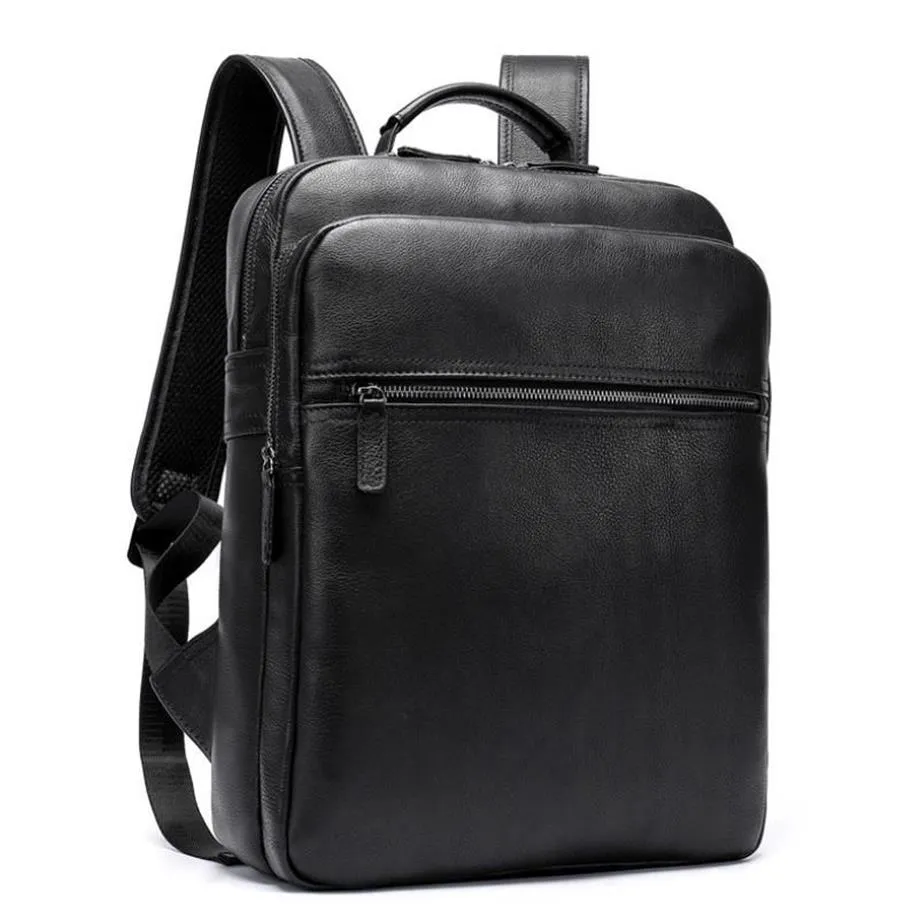 Classic Black Leather Laptop Backpack for Men Business Travel