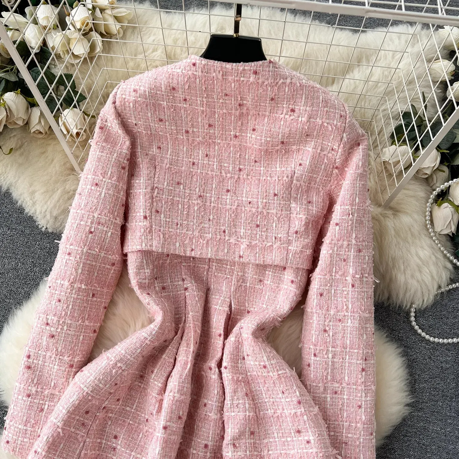 Two Piece Dress New Winter Pink Woolen Dress Set Outfits Women's Spaghetti Strap Plaid Tweed Midi Vestidos Short Jacket Cardigan Coat 2024