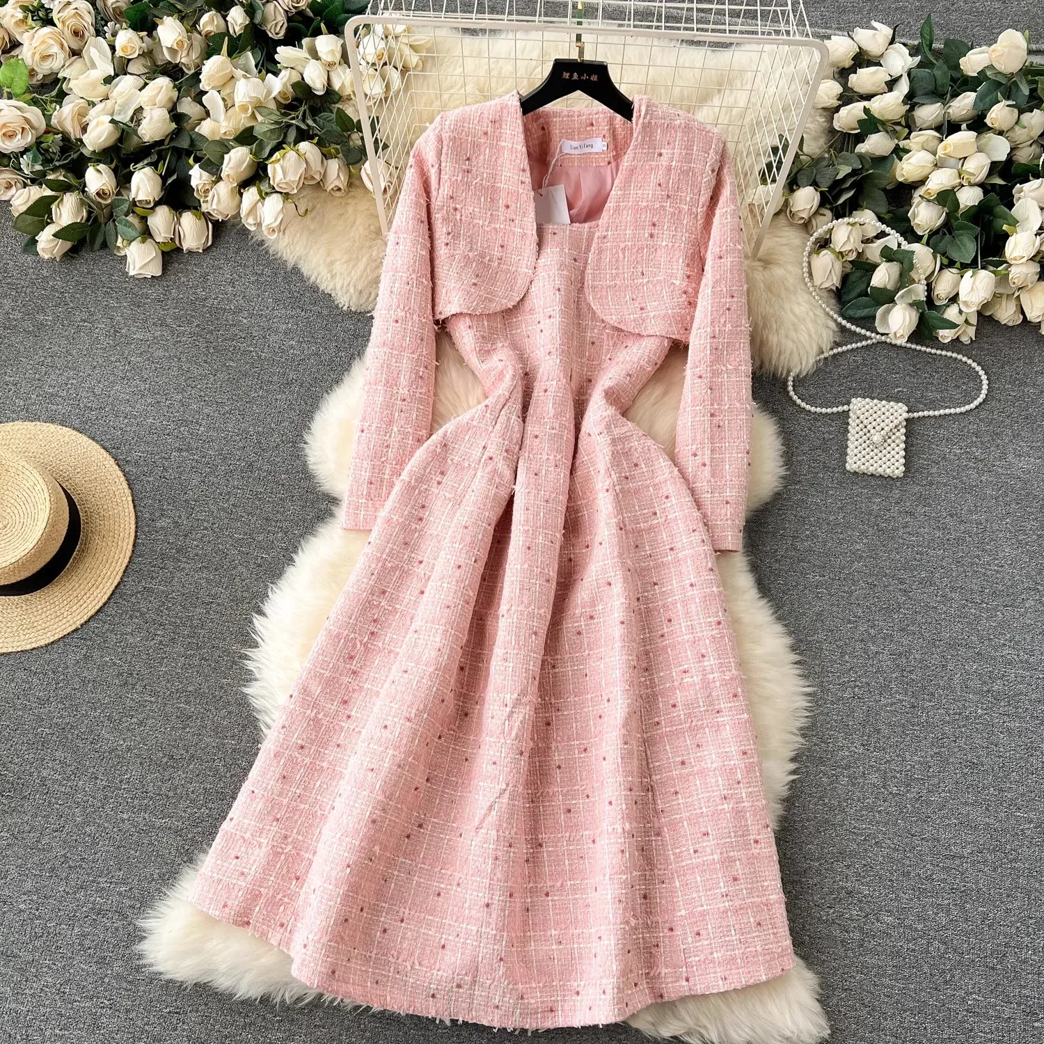 Two Piece Dress New Winter Pink Woolen Dress Set Outfits Women's Spaghetti Strap Plaid Tweed Midi Vestidos Short Jacket Cardigan Coat 2024