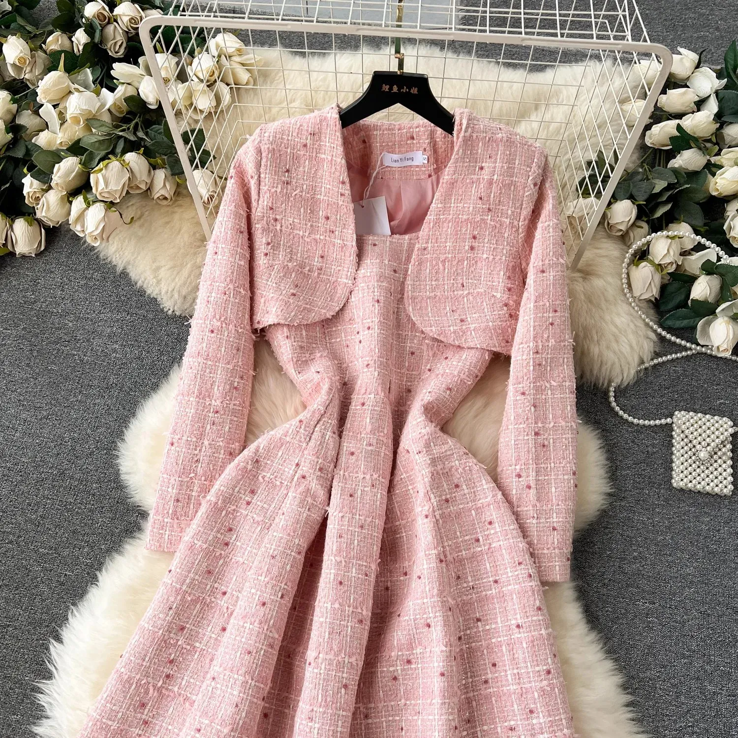 Two Piece Dress New Winter Pink Woolen Dress Set Outfits Women's Spaghetti Strap Plaid Tweed Midi Vestidos Short Jacket Cardigan Coat 2024