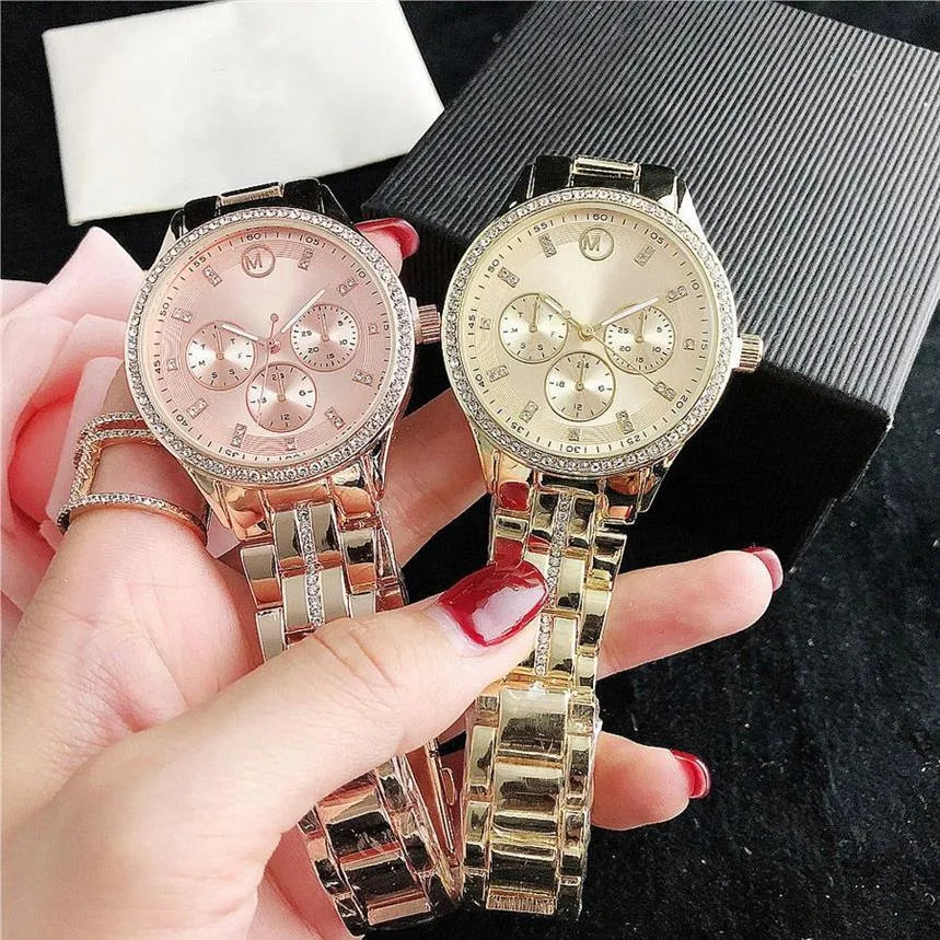 M rke Watches Women Girl Diamond Crystal 3 Dials Style Metal Steel Band Quartz Wrist Watch M1342958