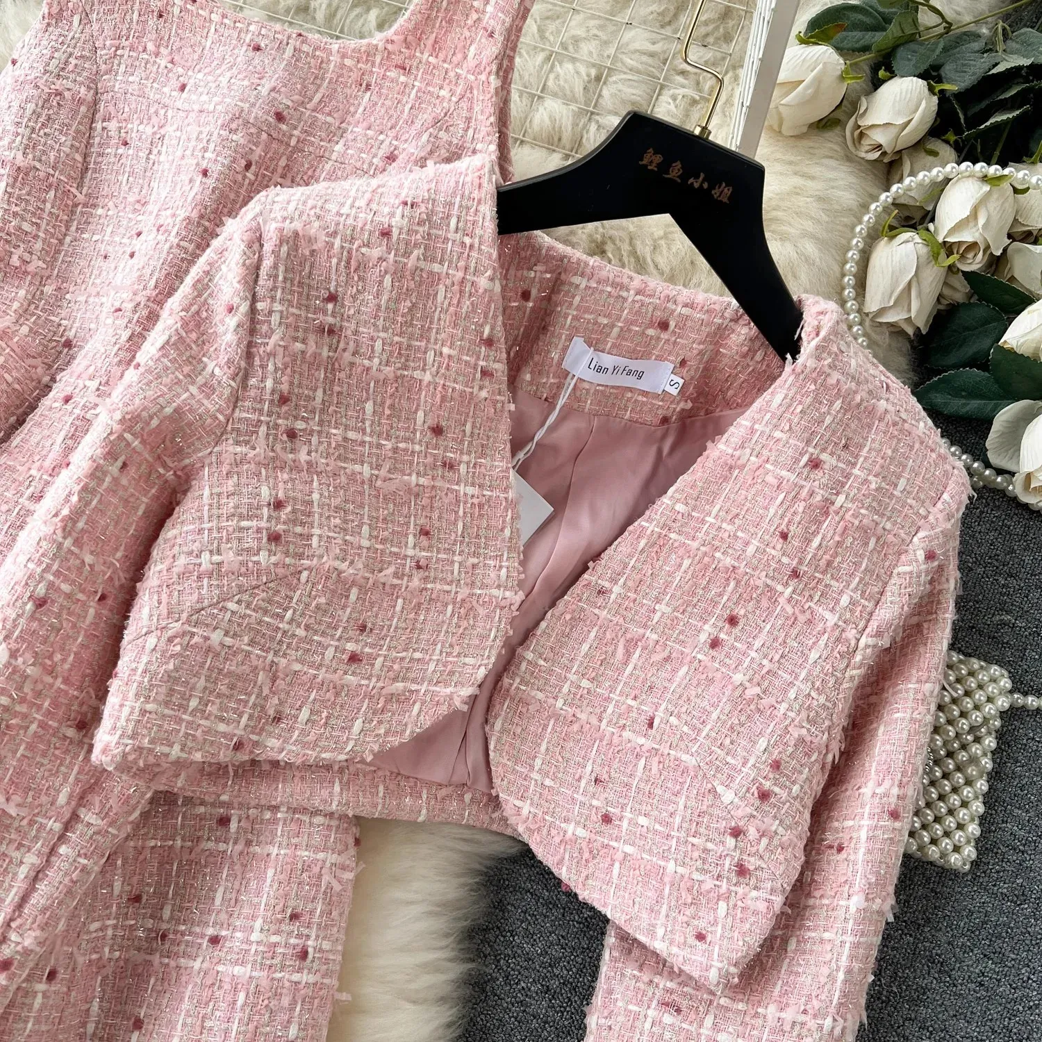 Two Piece Dress New Winter Pink Woolen Dress Set Outfits Women's Spaghetti Strap Plaid Tweed Midi Vestidos Short Jacket Cardigan Coat 2024