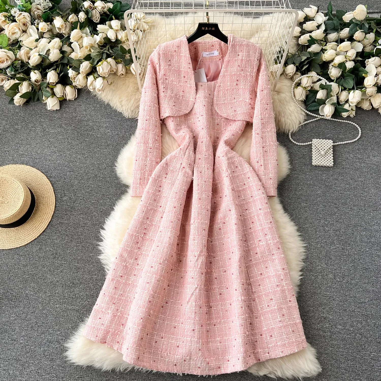 Two Piece Dress New Winter Pink Woolen Dress Set Outfits Women's Spaghetti Strap Plaid Tweed Midi Vestidos Short Jacket Cardigan Coat 2024