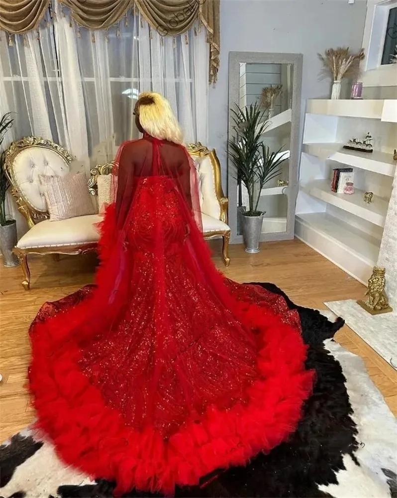2024 Black Girls' Red Halter Red sparkly prom dress with Beaded Rhinestone Embellishments, Sequined Ruffles, and Cape - Perfect for Birthday Parties 2024 Black Girls' Red Halter Red sparkly prom dress with Beaded Rhinestone Embellishments, Sequined Ruffles, and Cape - Perfect for Birthday Parties