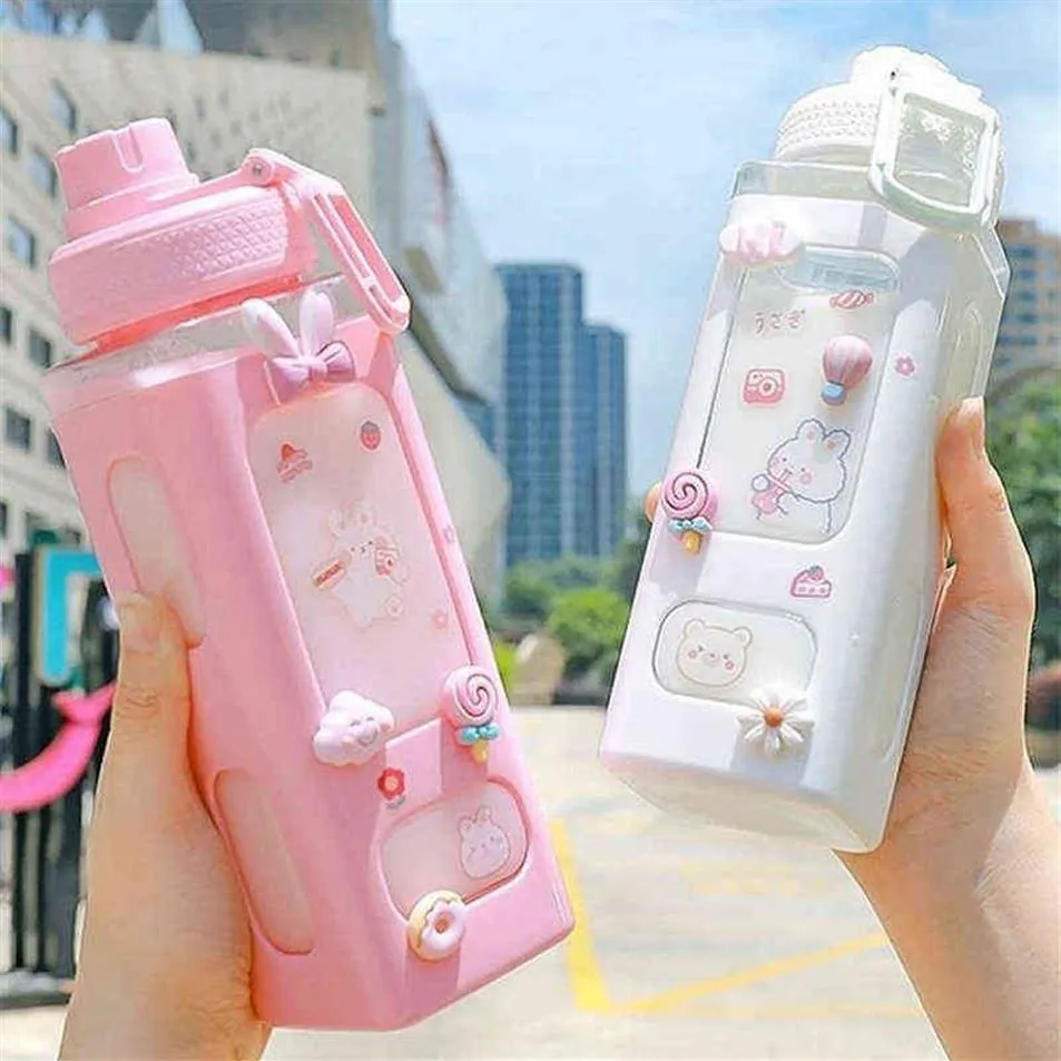 700/900ml Kawaii Bear Pastel Water Bottle - Cute 3D Sticker, Plastic Travel Tea/Juice/Milk Bottle, Portable Shaker Drink Bottle, Perfect Gift