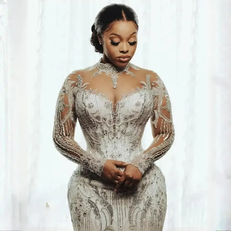 Black plus size mermaid bridal dress with long sleeves and rehinestones lace.