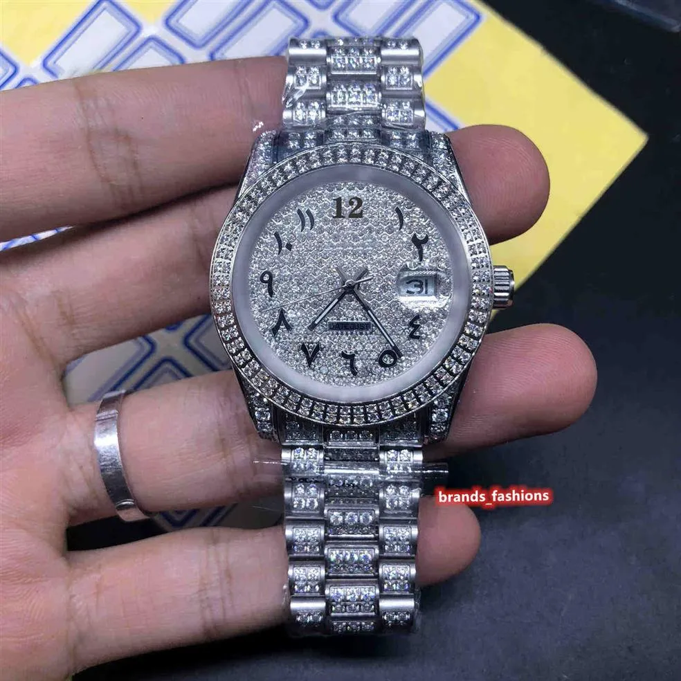 Arabiska skala Men Iced Diamond Watch Silver Diamond Face Watch rostfritt st l Diamond Strap Wristwatch Automatic Mechanical225q