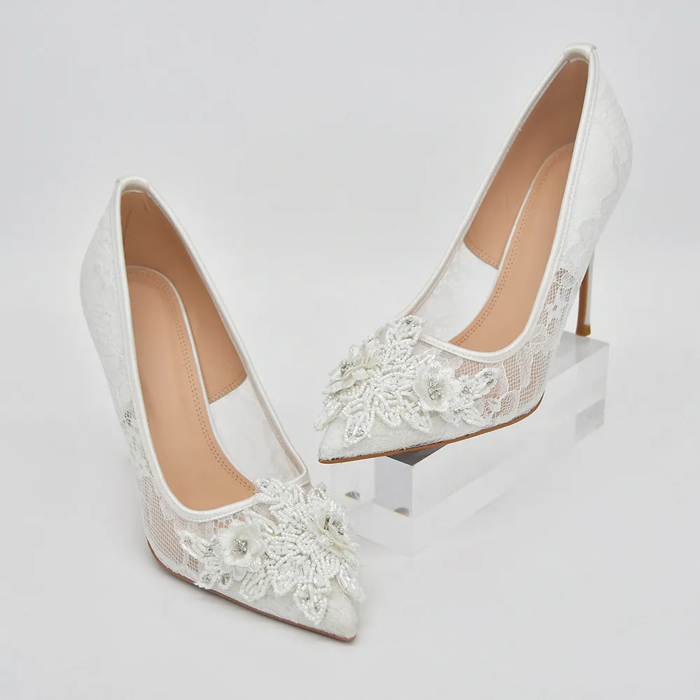 Bridal Lace Block Heel with Pearls Strap, Wedding Shoes, Bridal Party