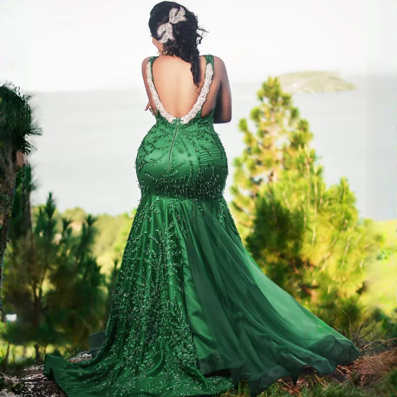 navy blue dress for baby girl Emerald Green Mermaid Satin Cheap Prom Dresses Beaded Spaghetti Strap 24070 main image 0
