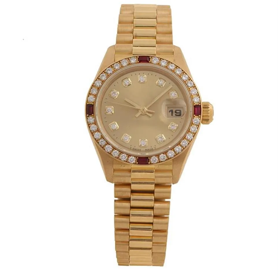 Nya kvinnors automatiska mekaniska klocka Sapphire Crystal 69178 Gold Diamond Girl Watch 26mm295f