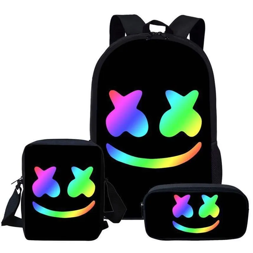 Marshmello Backpack Set Music DJ Schoolbag, Oxford Travel Bag, 3-Piece  Student Backpack with Lunch Bag Pencil Case Versatile Durable