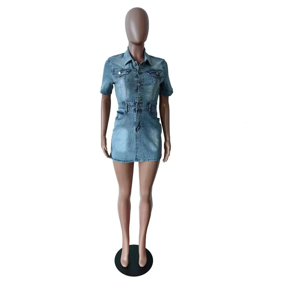 ワンピース Daily denim mini one piece denim short sleeve S M Spring V Neck Bodycon Jeans: Chic Midi Pencil Dress For