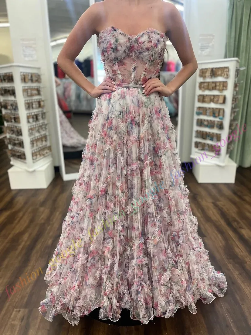 Floral Print Strapless Ruffle Sheer Corset Dress for Formal Parties, Pageants, Proms, Red Carpet Events, and Photoshoots