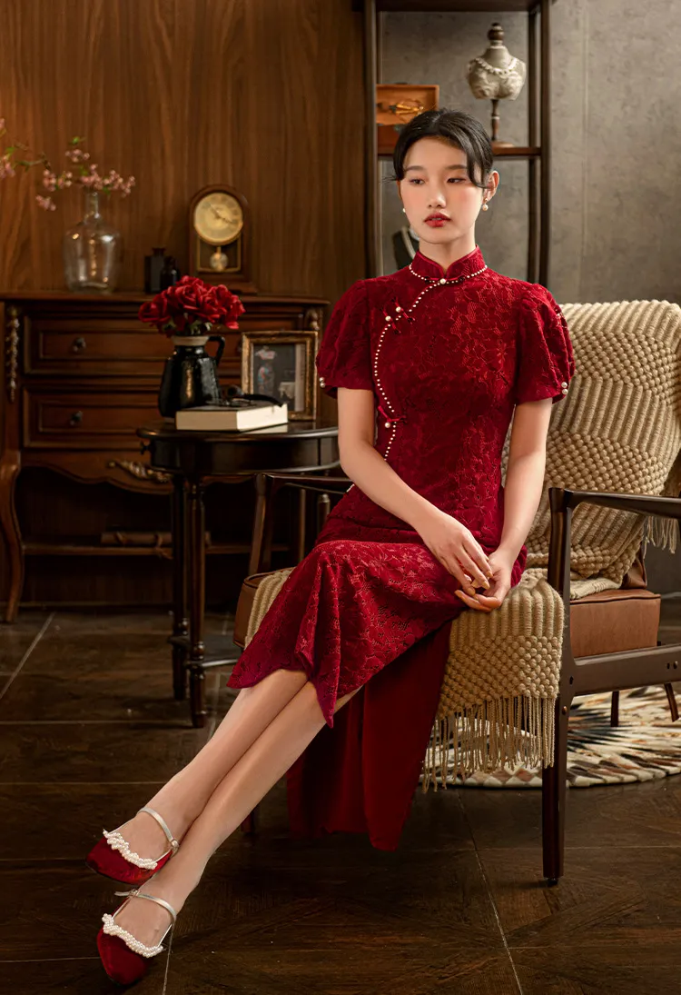 fitted lace wedding dress Red Cherry Blossom Qipao – Chinese Wedding Dress main image 0