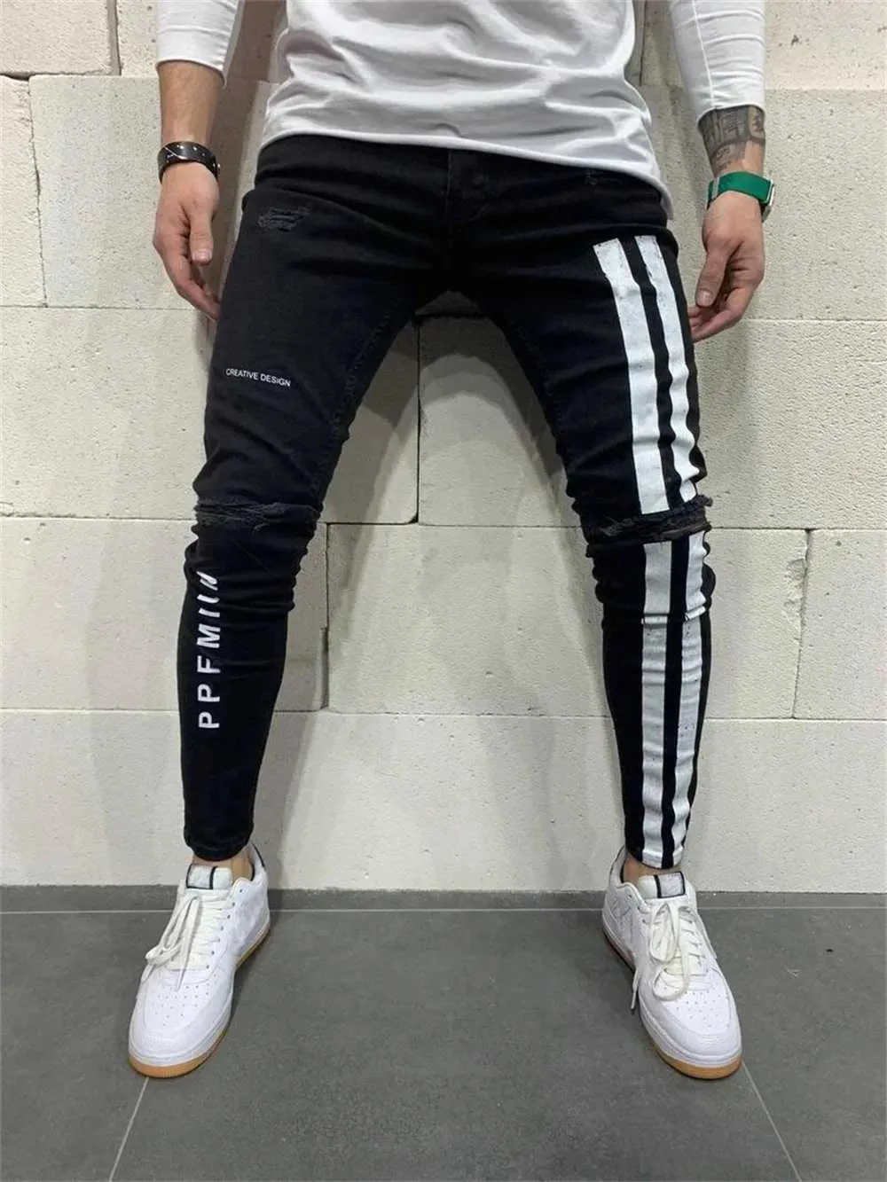 Men hole side printing hot sale jeans
