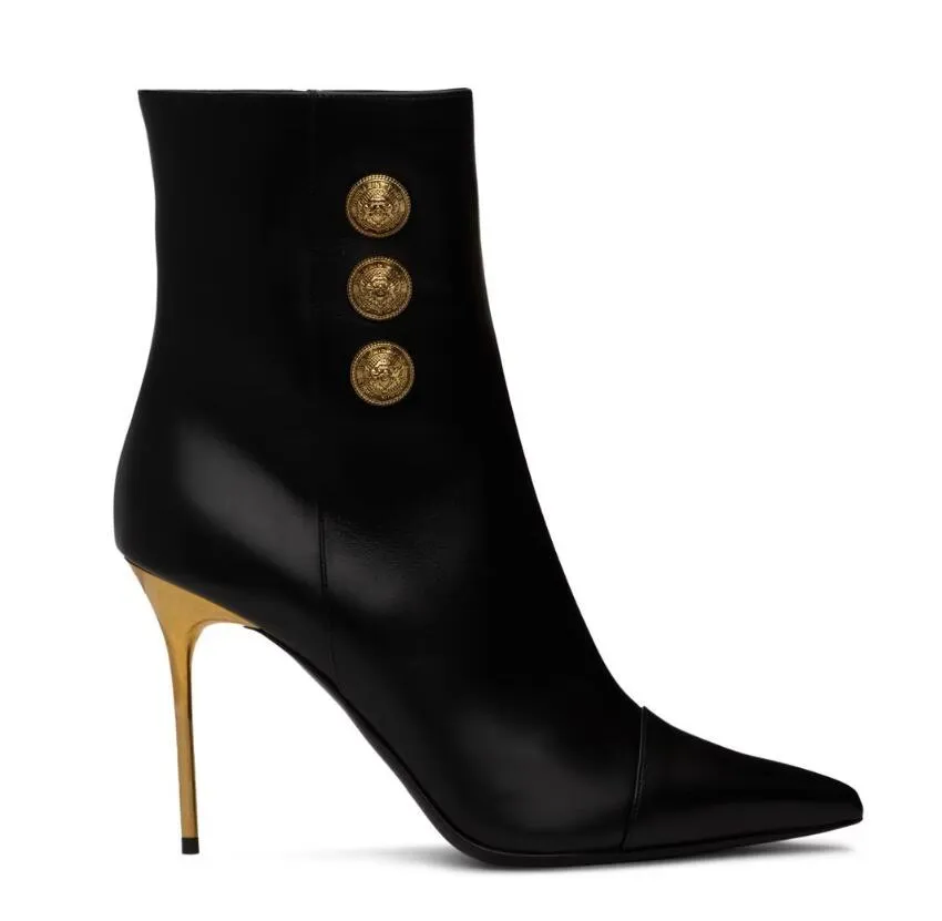 Top Winter Luxury Bal Alma Roni Ankle Boots Metal Stiletto Heels Black Calf Leather Pointed Toe Gold Buttons Booties Lady Party Dress Elegant Walking EU35-43