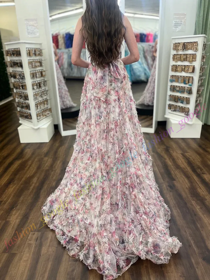 Floral Print Strapless Ruffle Sheer Corset Dress for Formal Parties, Pageants, Proms, Red Carpet Events, and Photoshoots
