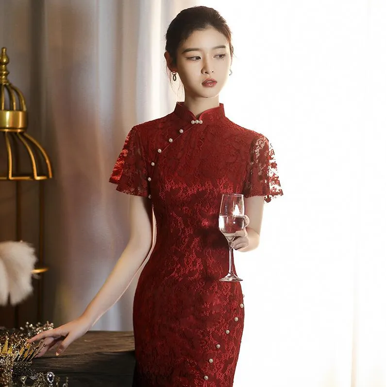 Wine Red Lace Traditional Chinese Dress Qipao with Mandarin Collar and Beaded Embellishments Floor-Length Bridal Dress from Dhgate Mermaid Wedding Dresses - price 112.56 Wine Red Lace Traditional Chinese Dress Qipao with Mandarin Collar and Beaded Embellishments Floor-Length Bridal Dress from Dhgate Mermaid Wedding Dresses - price 112.56
