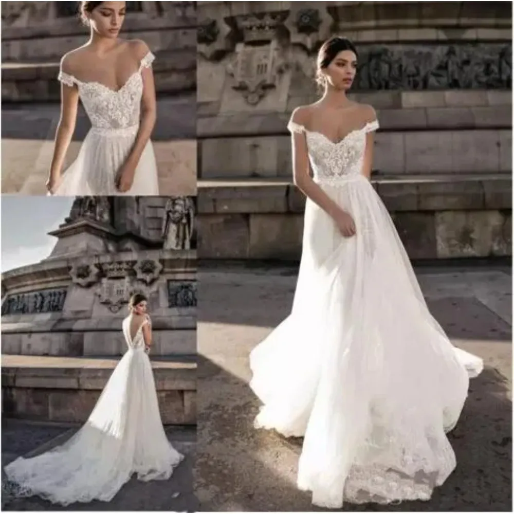 Stunningbride 2024 Gali Karten Sheer Bohemian Wedding Dresses Off The Shoulder Lace Illusion Bodice Tulle Sweep Train Backless Bridal Gown From 115 36 DHgate