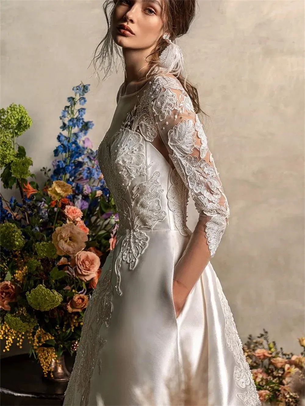 Ivory Satin A Line Long Sleeve Beading Wedding Dress Ivory Satin A Line Long Sleeve Beading Wedding Dress