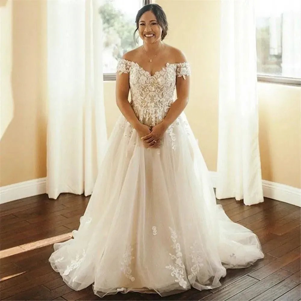 Off the shoulder lace wedding dress plus size hotsell