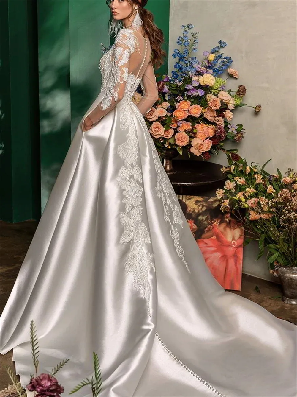 Elegant Ivory Satin A Line Wedding Dress with Embroidery Beads Lace Sheer  Jewel Neck Long Poet Sleeves Covered Button Back Sweep Train from Dhgate  A-Line Wedding Dresses - price 145.63