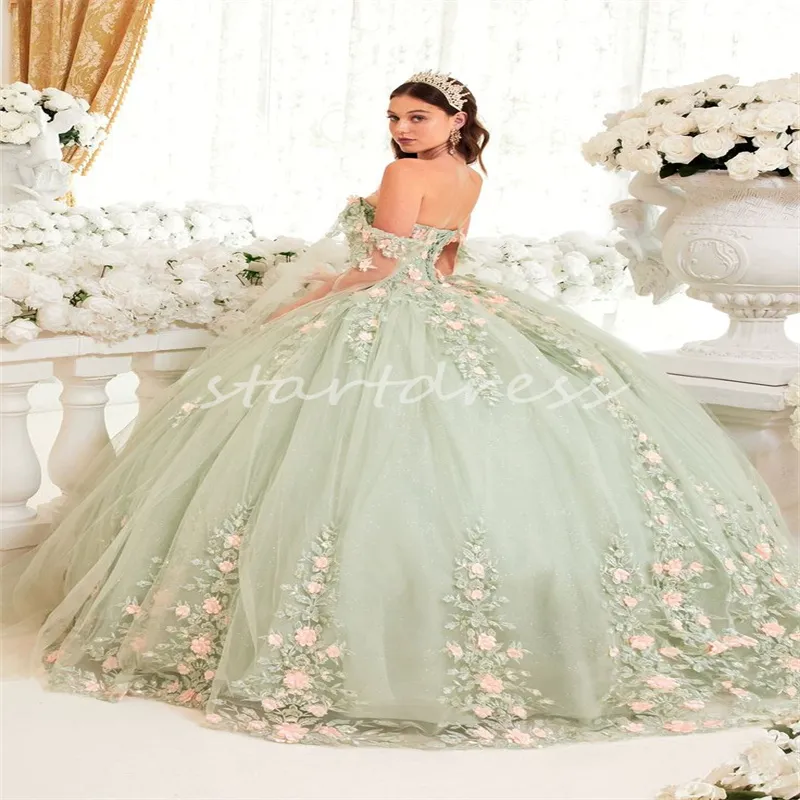 Green Off-Shoulder quinceanera dress with Pink Florals and Corset Lace - Vestido de 15 Anos Fifteen 16 (2024 Sixteen)