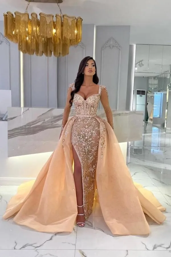 open lace back dress Champagne tulle lace long prom dress champagne formal dress – shdress main image 1