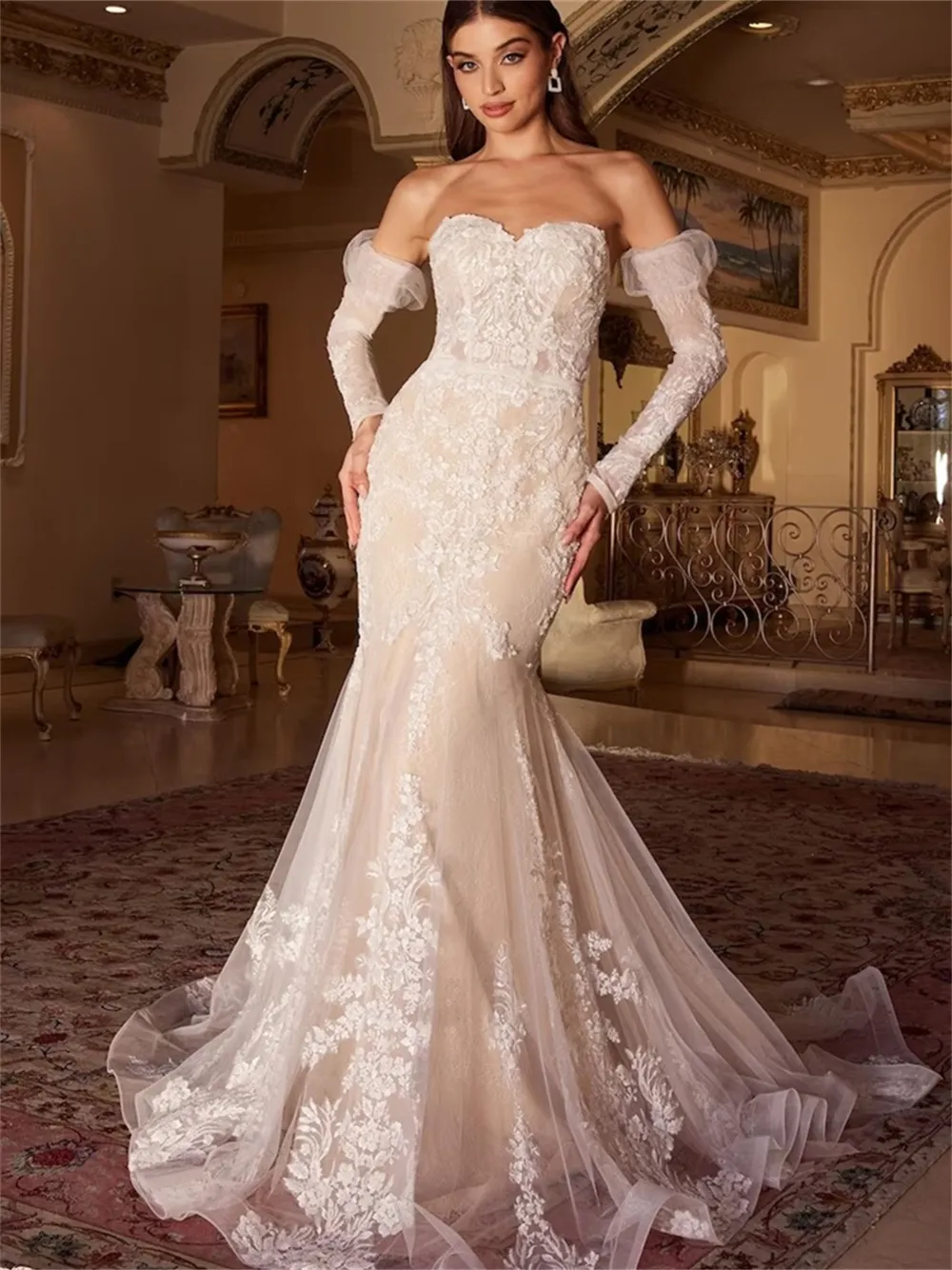 Removable Sleeves Mermaid Lace Bride Dress Sweetheart Neckline Champagne  Lining Corset Wedding Dress for Women Appliques Long Bridal Gown from  Dhgate Ball Gown Wedding Dresses
