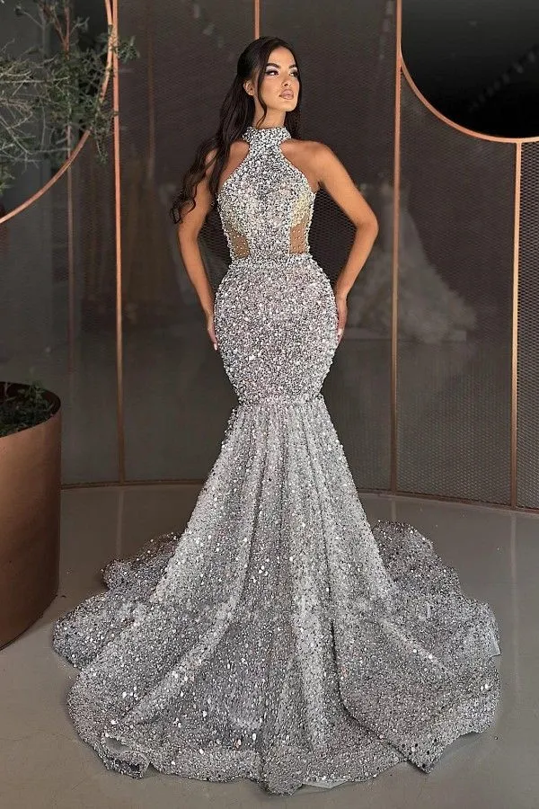 Luxury Silver Beads Sequins Mermaid Prom Dresses Illusion Bodice Halter  Neck Sleeveless Long Women Occasion Evening Gowns Formal From Babyonline