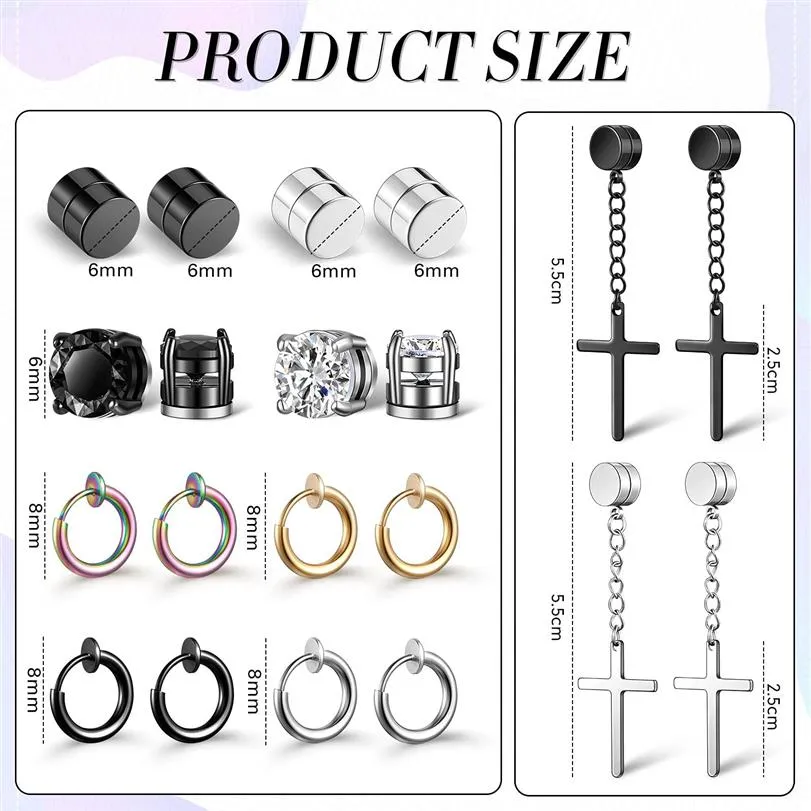 1-15 Pairs Magnetic Fake Stud Earrings Faux Stainless Steel Cross Dangle  Hoop Earrings Non-piercing Clip On Earring Men Women - AliExpress