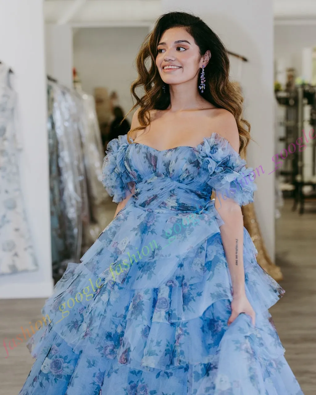 Tulle Tie Shoulder Blue Floral Print Party Dress Tulle Tie Shoulder Blue Floral Print Party Dress