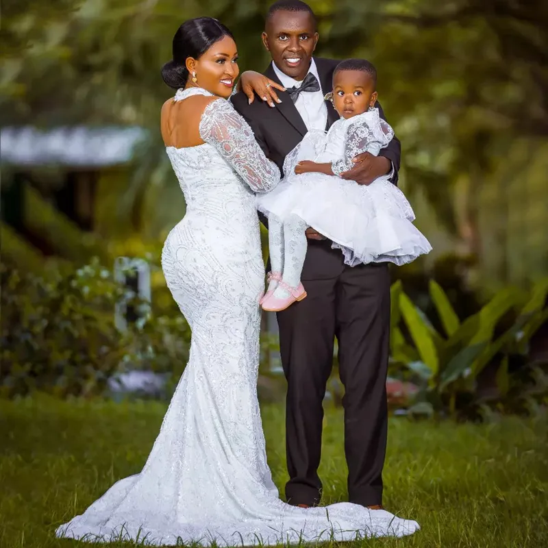 Illusion Trumpet Arabic Aso Ebi grey dresses for wedding with High Beaded Neckline and Long Sleeves - Lace Mermaid Bridal Gown for Black Women (D078)