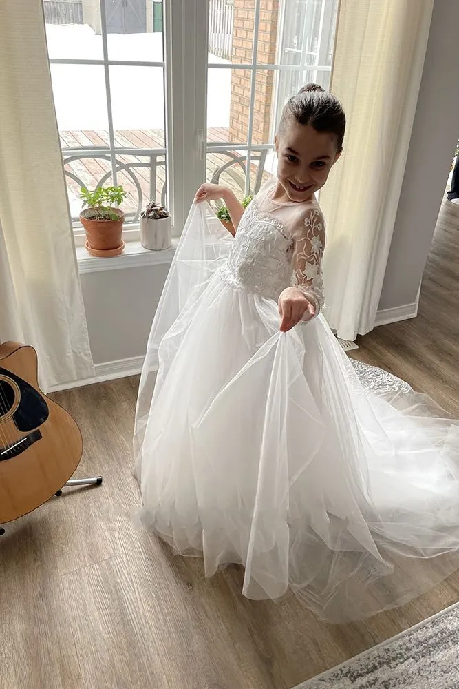 Boho Lace Communion dress with train with Sheer Tulle, Long Sleeves, Appliques, and Big Bow Sash - Perfect for Formal Parties, Birthdays, or Communion