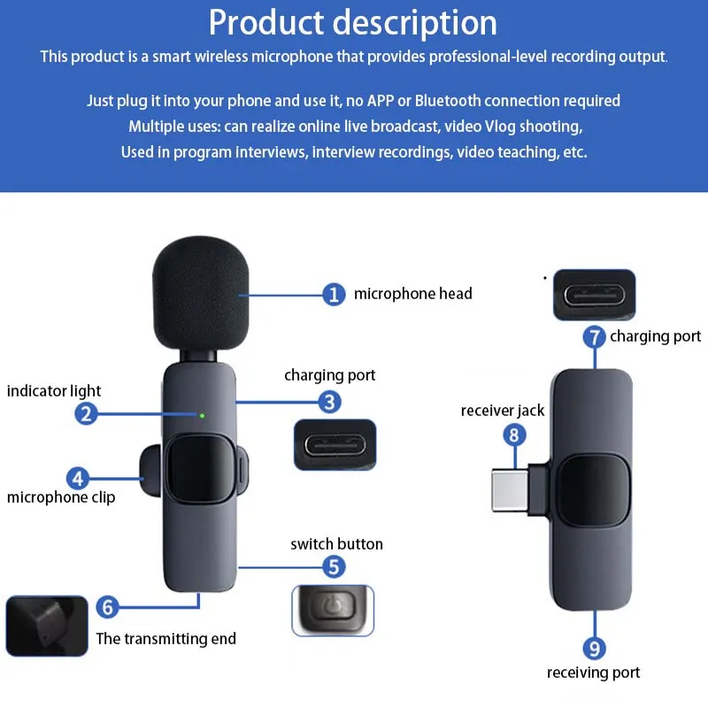 Wireless Lavalier Microphone Portable Clip-on Mic for iPhone - Main Image