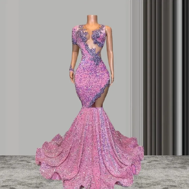 african queen prom dress Sheer Tassel Lace Red Satin Unique One Sleeve Prom Dress