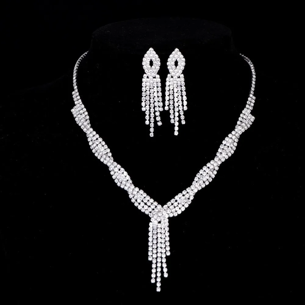 Set De Bijoux Fantaisie Couleur Argent - Cœur Rhinestones - Style Luxe Mariage & Soirée