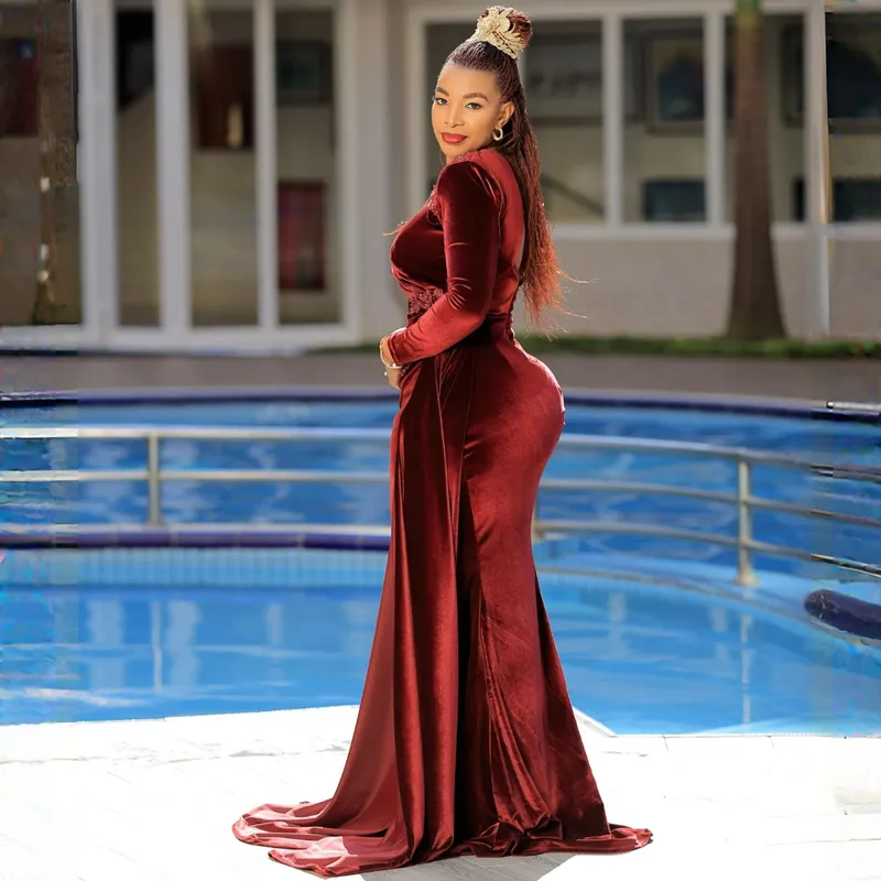 chinese dress ladies Gothic Red Velvet Dress with Lace-up Back and High Slit main image 1