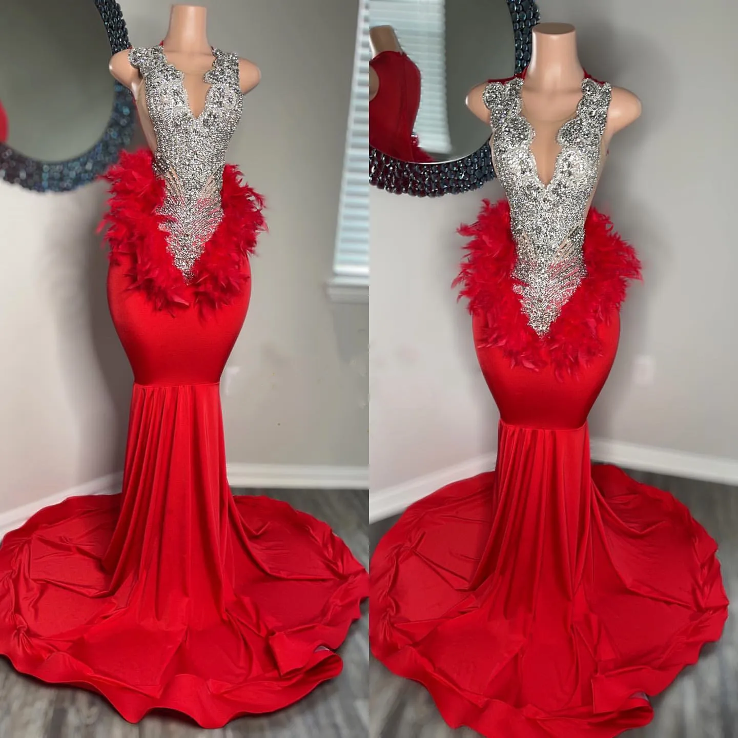 Red Satin Prom Dress with Crystal Sequin Feather Beading Sleeveless Formal  Evening Gown 2024 from Dhgate Prom Dresses - price 163.57