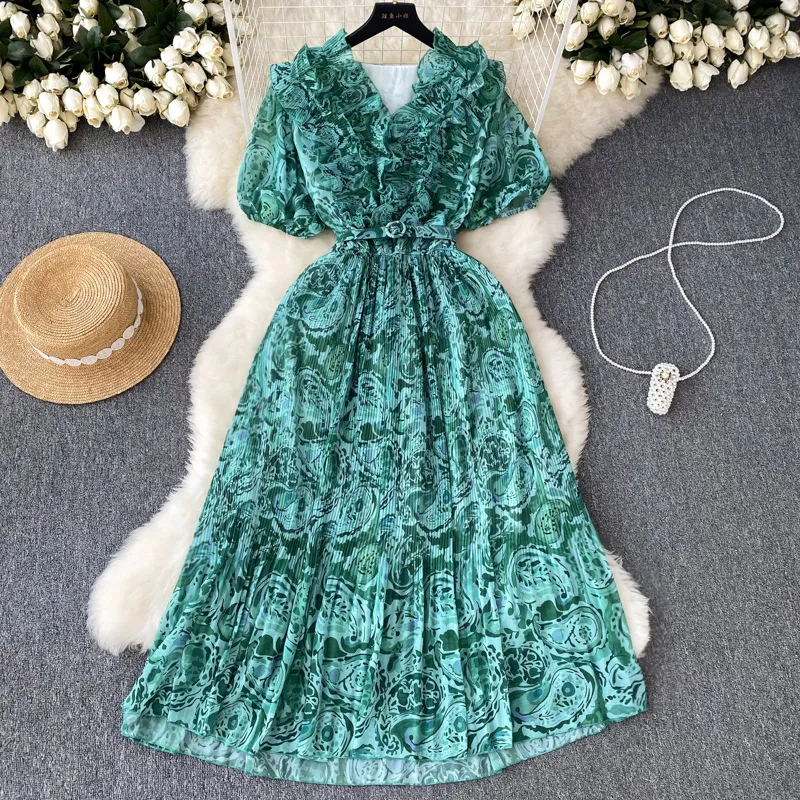 Casual Dresses Chiffon Pleated Dress 2023 New Fashion Women V Neck Wood Ear Holiday Floral Print Short Sleeve Vintage Clothes Vestidos