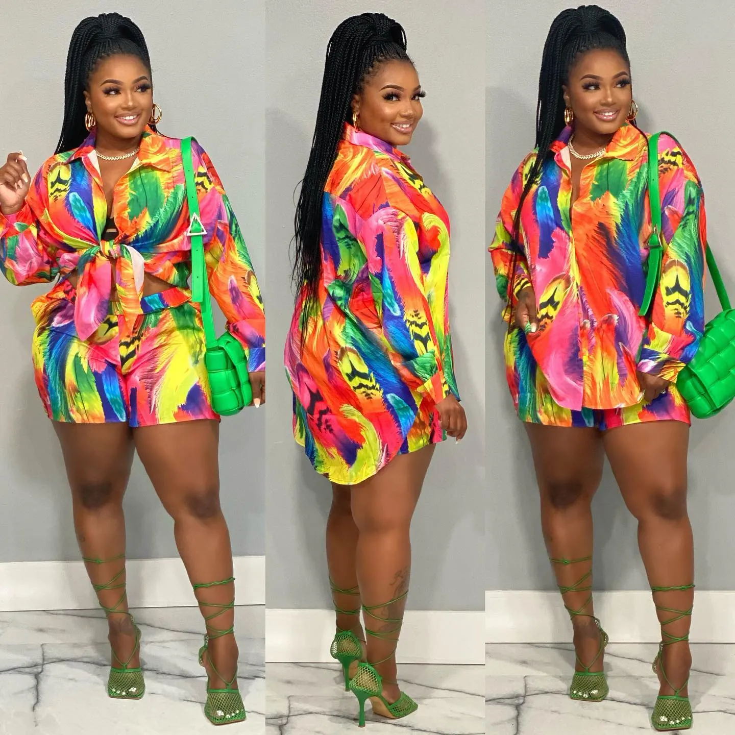 DHgate.com:Vibrant Two-Piece Summer Outfit: Colorful Print Shirt and Shorts  Set for Women:Apparel