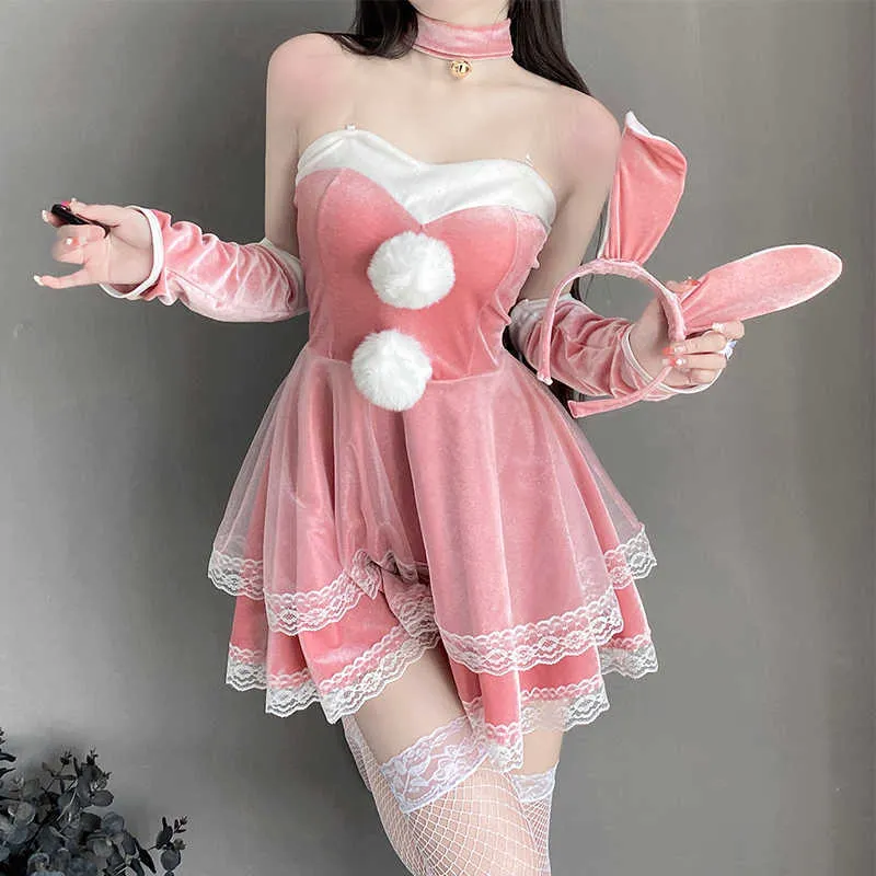 Red And Pink Christmas Plush Dress Cosplay Costume Set Back With