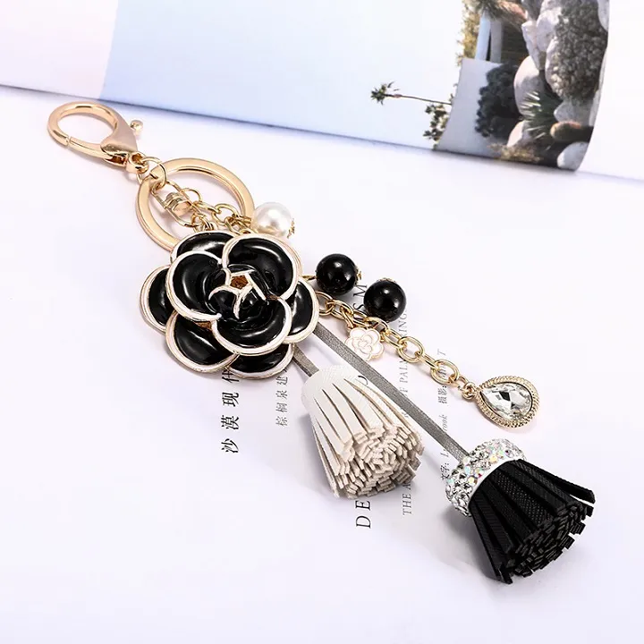 Yueton Imitation Pearl & Black Rose Keychain Set - Pink Flower Tassel With Rhinestones, Bag Charm Key Ring For Women