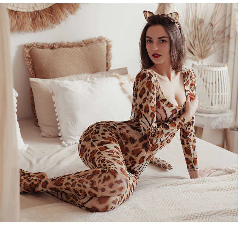 Leopard Print Crotchless Bodystocking Cosplay Lingerie Set For