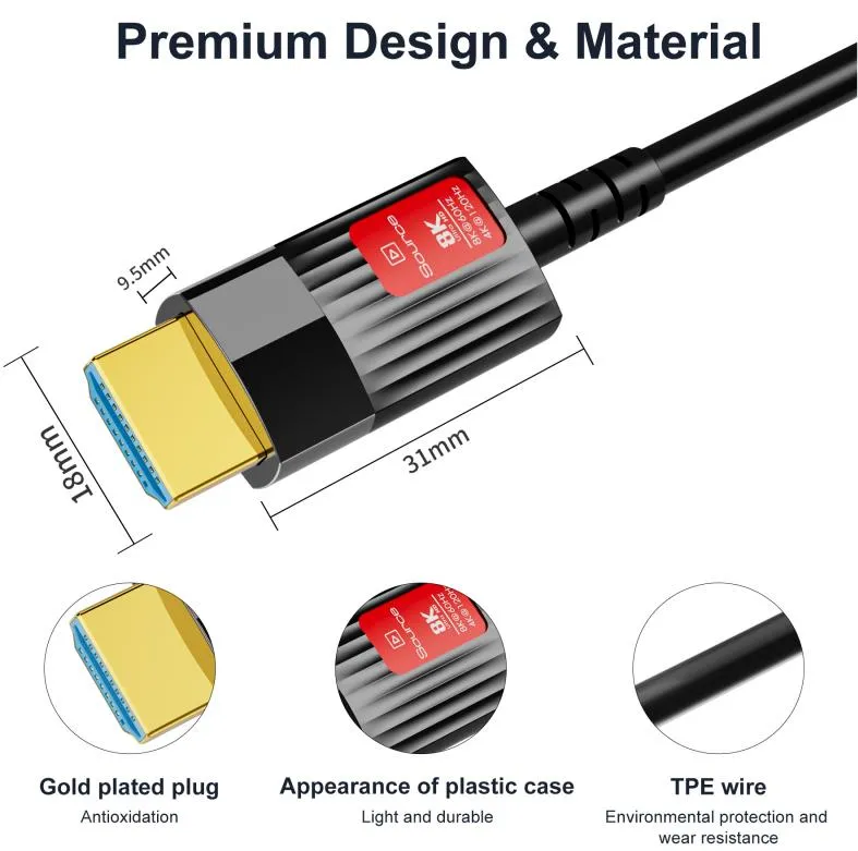 HDMI Cable Optical Fiber AOE Cable HDCP HDMI-Compatible Extension 2.1 8K 60Hz 4K 120Hz VRR HDR10+ eARC for HDTV PS5 XBox Switch Projector Laptop PC